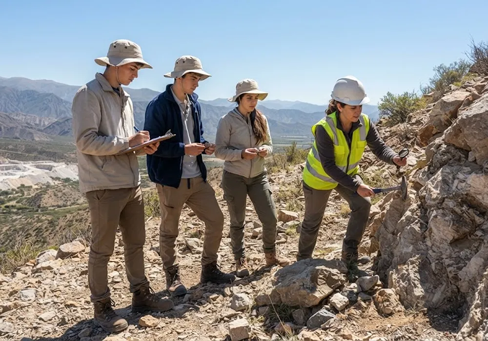 Una geóloga instructora enseña a tres estudiantes secundarios, equipados con EPP básico y portapapeles, a identificar afloramientos rocosos y minerales en un terreno montañoso y árido de San Juan.