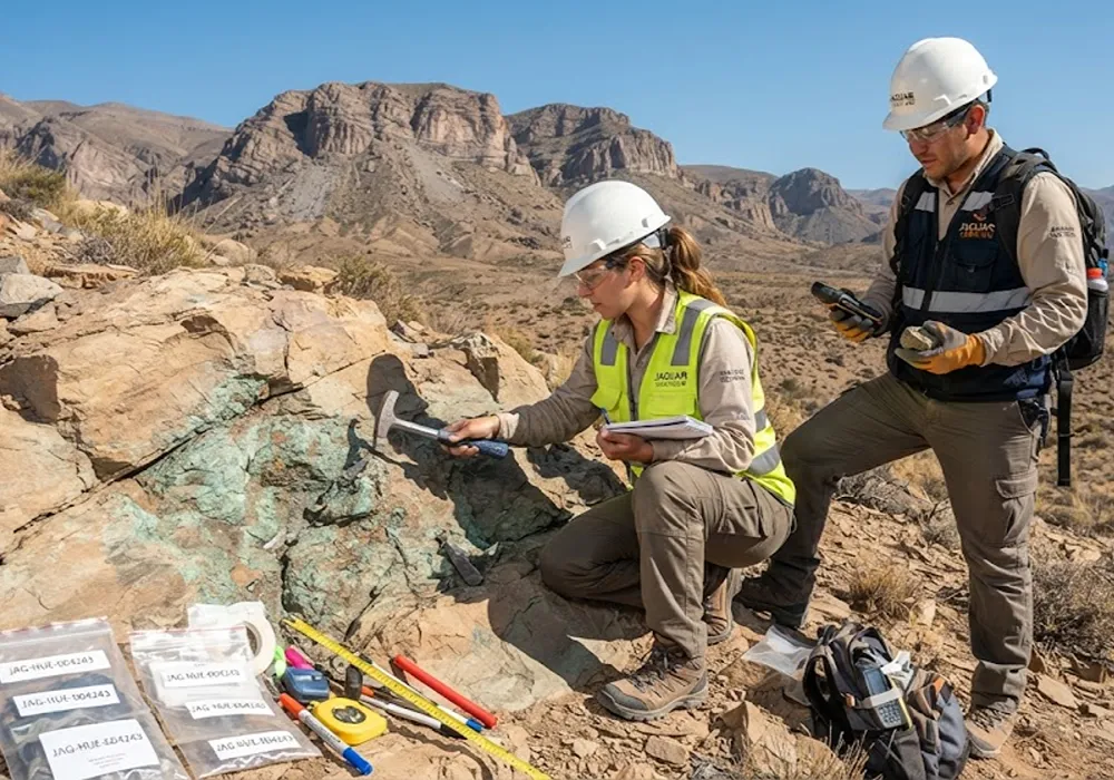 Geólogos de Jaguar Uranium trabajando en la exploración de superficie del Proyecto Huemul, identificando mineralización visible de uranio y cobre en Mendoza.