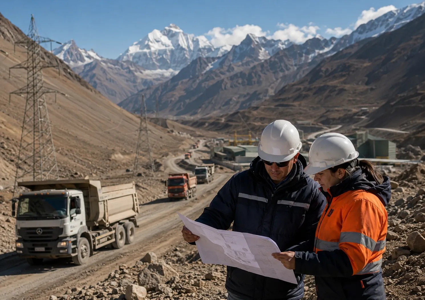Ingenieros revisan planos en una zona de exploración de cobre en alta cordillera.