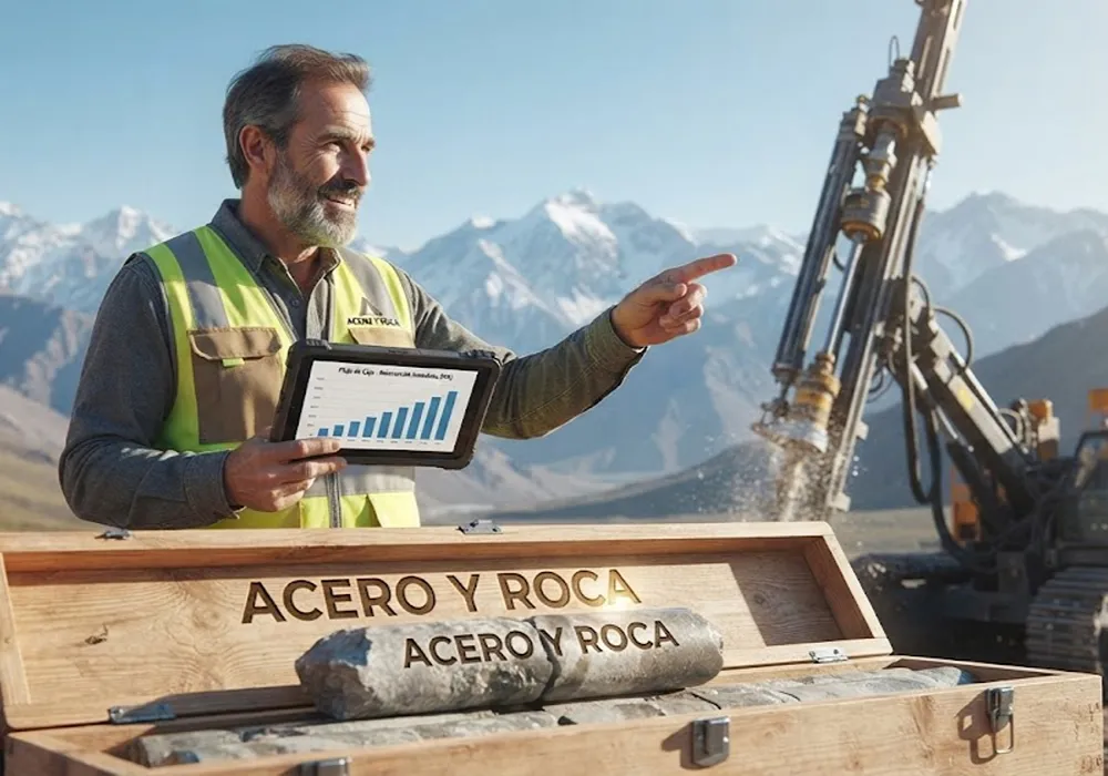 Plano medio fotorrealista en la alta montaña sanjuanina, donde un geólogo senior de una empresa minera, con equipo de seguridad y chaleco reflectante, sostiene una tablet con gráficos financieros ascendentes. Señala una perforadora diamantina activa, simbolizando la reinversión inmediata del capital recuperado por IVA. En primer plano, sobre una caja de muestras, una roca partida muestra el logo de Acero y Roca fundido en su interior.