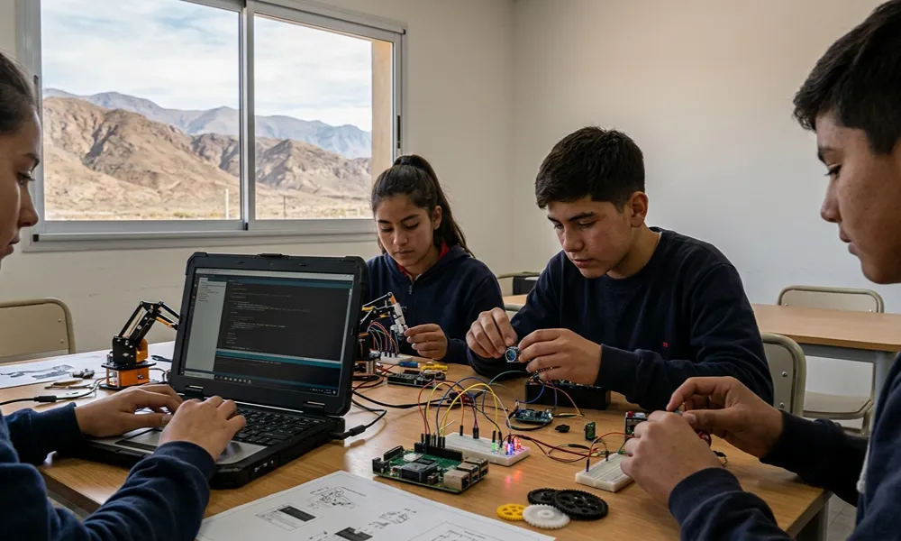 Estudiantes realizan una práctica de electrónica en un aula. Sobre la mesa hay una computadora portátil, placas electrónicas, cables, sensores y componentes conectados para realizar pruebas.