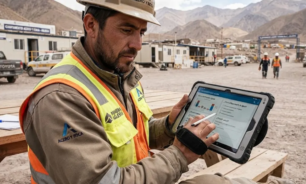 Trabajador minero en Iglesia realizando encuesta digital de impacto social.