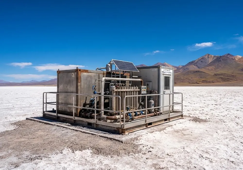Unidad modular de extracción de litio en un salar de la Puna argentina a 4000 metros. 