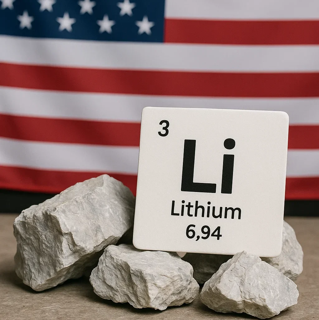 Muestras de rocas y minerales de litio junto a la bandera de los Estados Unidos.