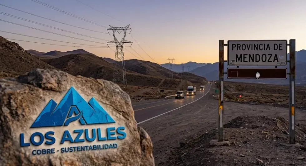 Logo del proyecto Los Azules junto a un cartel limítrofe de la Provincia de Mendoza y torres de alta tensión en la ruta.