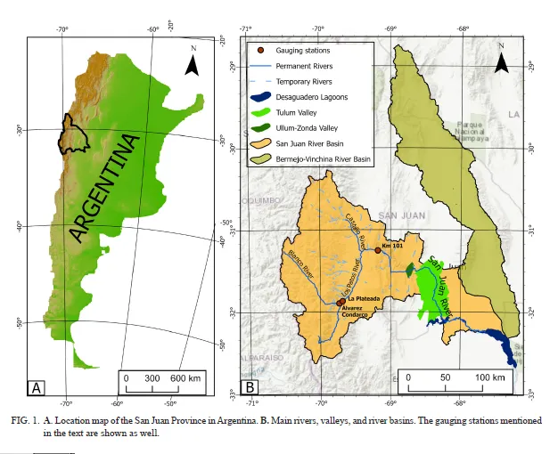 Mapa de la cuenca del río San Juan en Argentina con ubicación de estaciones hidrométricas utilizadas para el estudio del caudal.