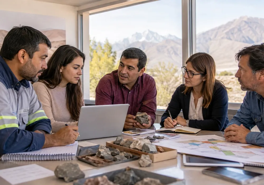 Equipo de recursos humanos de una empresa analizando muestras de minerales.