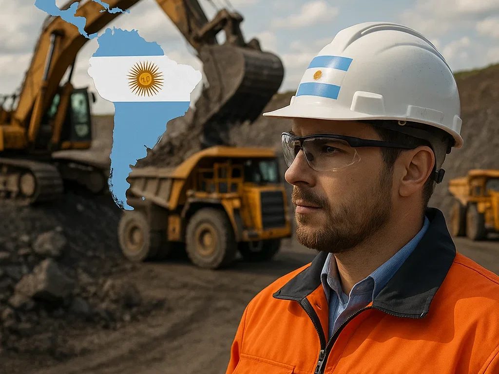 Operario minero trabajando en yacimiento con la bandera argentina de fondo.