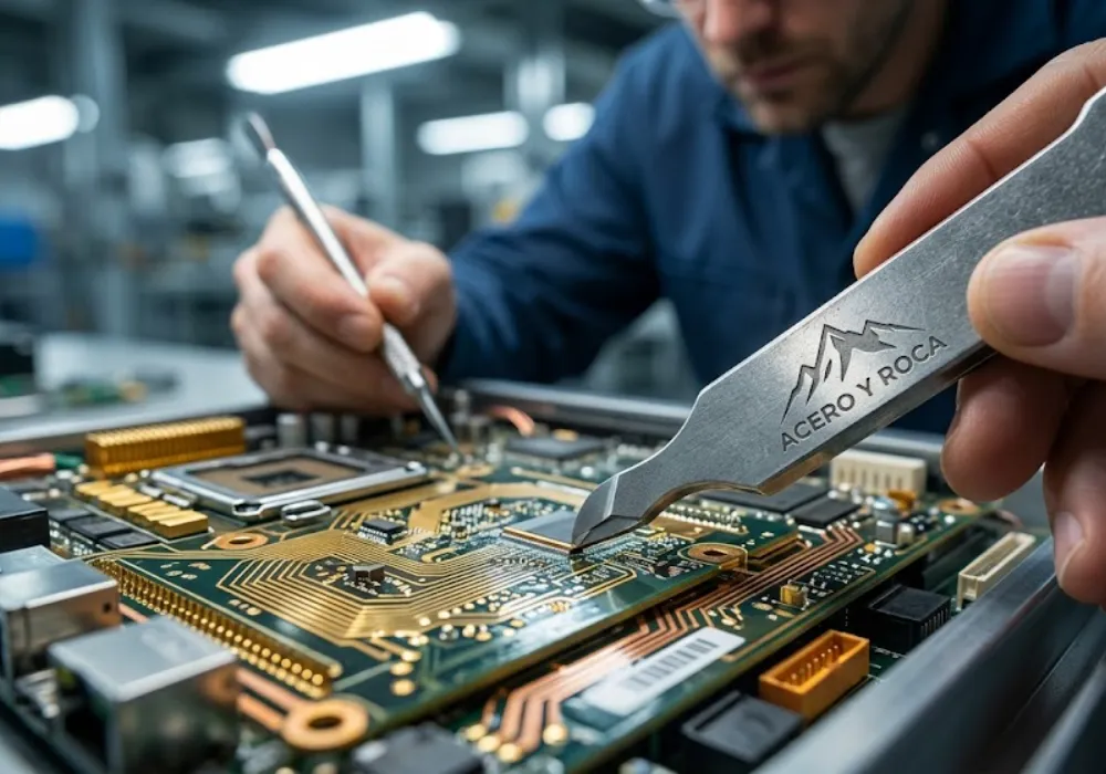 Placa de circuito impreso en proceso de desensamblaje para minería urbana.