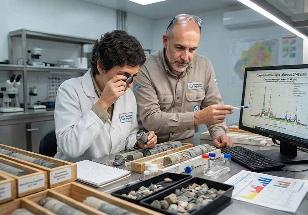 Ingenieros de minas argentinos en un laboratorio moderno analizando muestras de núcleos de perforación y datos en pantalla sobre minerales críticos