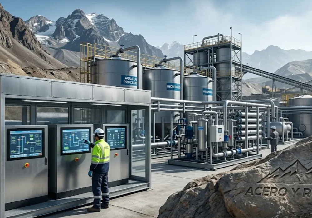 Planta de tratamiento de agua y eficiencia hídrica en operación minera.