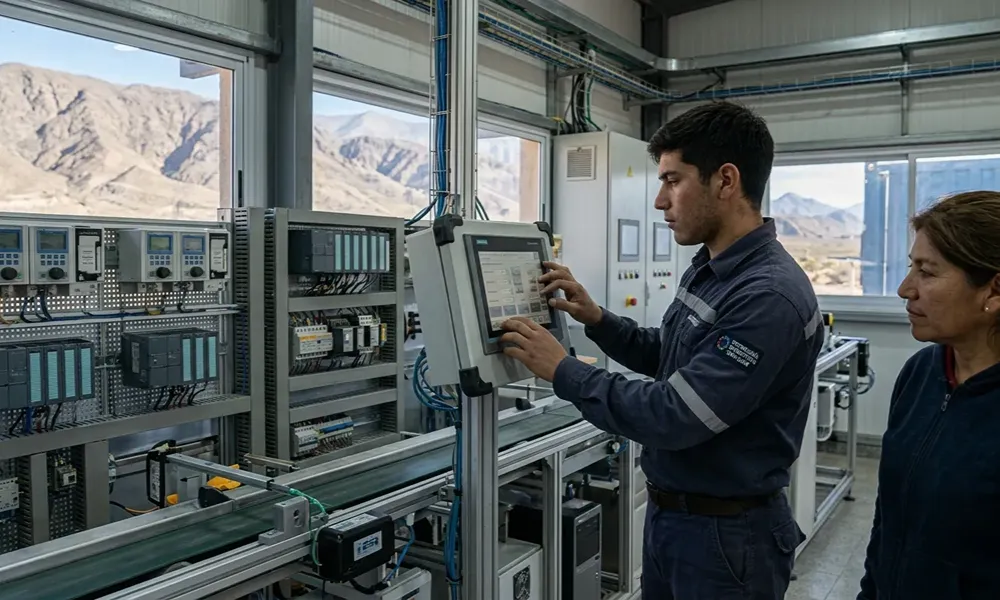 Un estudiante opera un panel de control industrial con pantalla táctil mientras una docente observa la práctica. Al fondo se ven tableros eléctricos, equipos de automatización y una planta de entrenamiento.