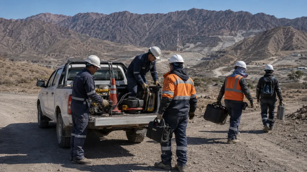 Operarios mineros junto a camioneta y equipos portátiles de exploración en terreno.