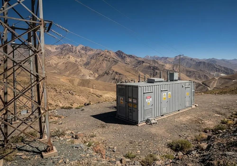 Equipamiento de transformación eléctrica y salas modulares integradas en el paisaje cordillerano sanjuanino.