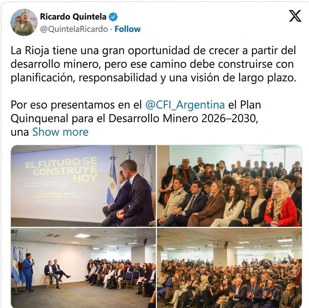 Captura de la red social X de Ricardo Quintela con distintas imágenes de la presentación del plan quinquela