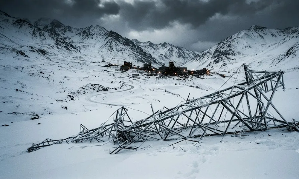Infraestructura eléctrica y torres de alta tensión dañadas por la nieve en el yacimiento Caserones de Lundin Mining.