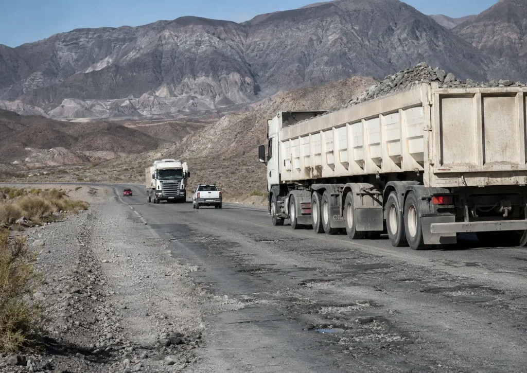 camiones mineros por rutas rodeadas de montañas