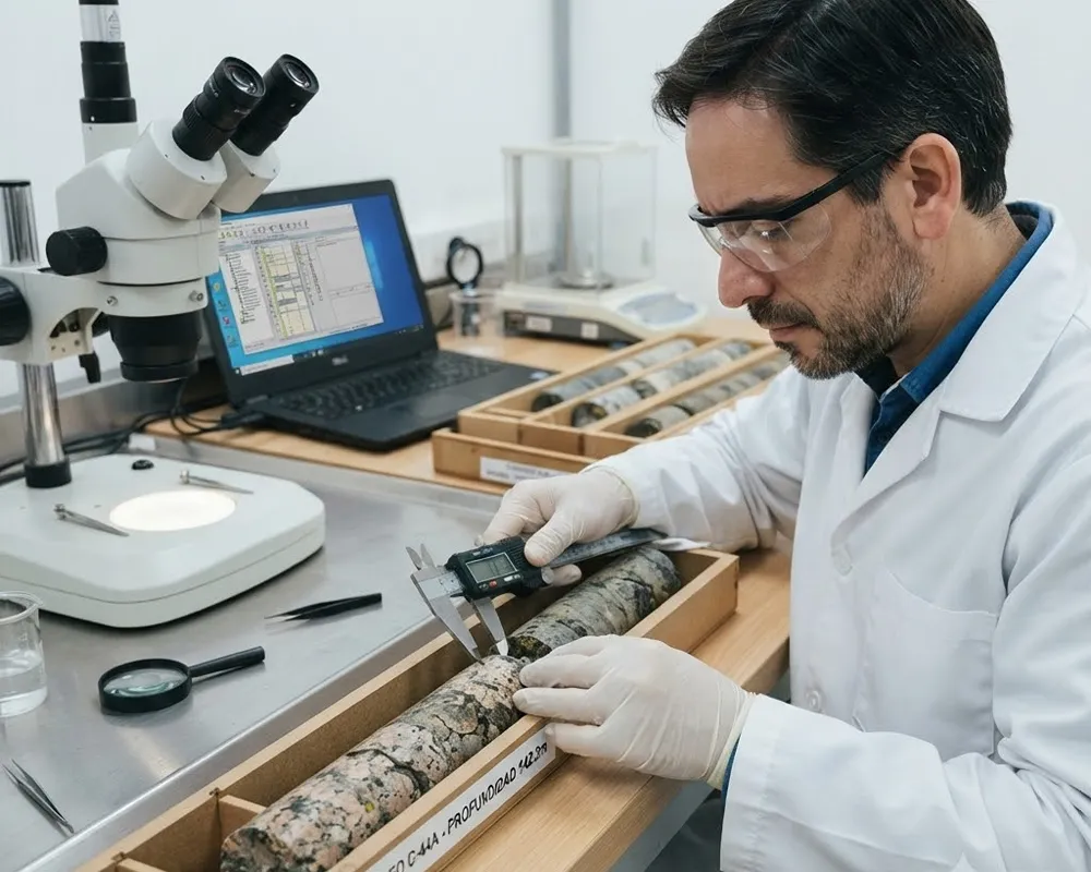 Imagen de un geólogo estatal riojano analizando muestras de testigos de perforación en un laboratorio moderno.