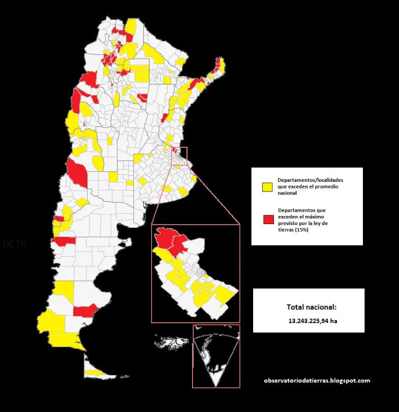 mapa con la extranjerización de tierras en Argentina