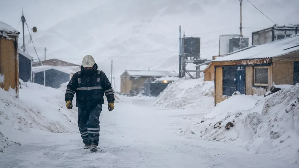 Trabajador en una mina de alta montaña durante una nevada, relacionado con la logística de la cal sanjuanina Chile para la minería del cobre chilena.