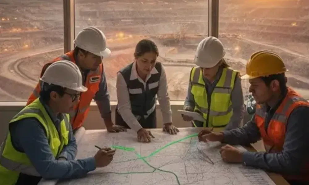 mujres trabajando en un proyecto minero rodeando un plano