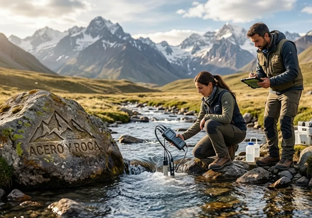 Profesionales midiendo la calidad del agua en la alta montaña cordillerana