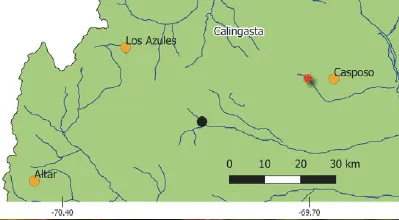 Mapa de Calingasta con la ubicación del hábitat del lagarto andino y los proyectos mineros Casposo, Los Azules y Altar.