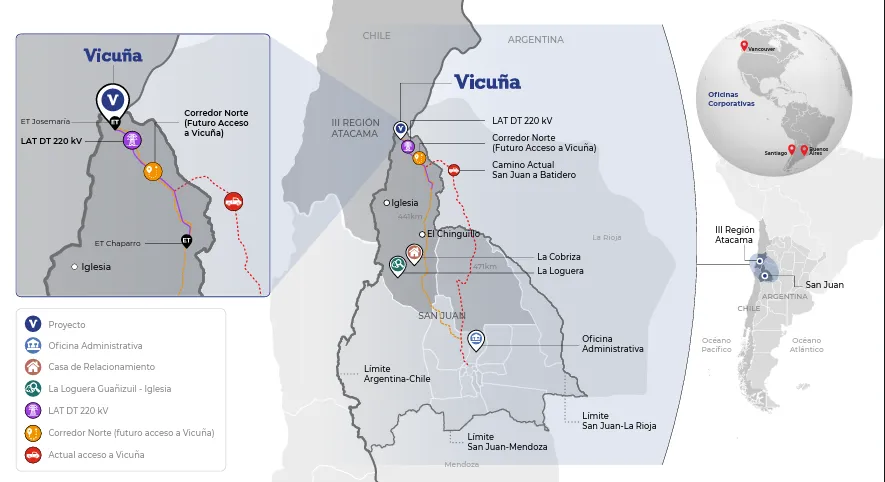 Mapa con la línea eléctrica de Vicuña.