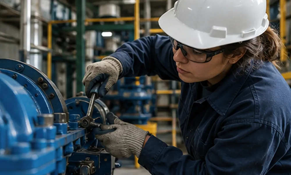 Trabajadora técnica realiza tareas de mantenimiento mecánico sobre un equipo industrial utilizando herramientas manuales y elementos de protección personal.