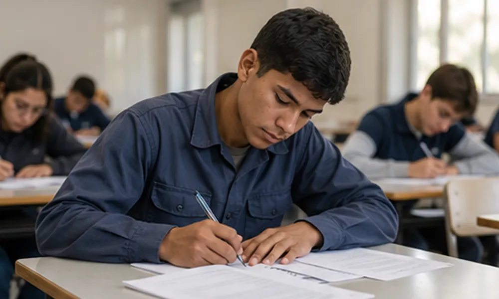 Estudiante de formación técnica completa una evaluación escrita en un aula junto a otros alumnos de nivel secundario técnico.
