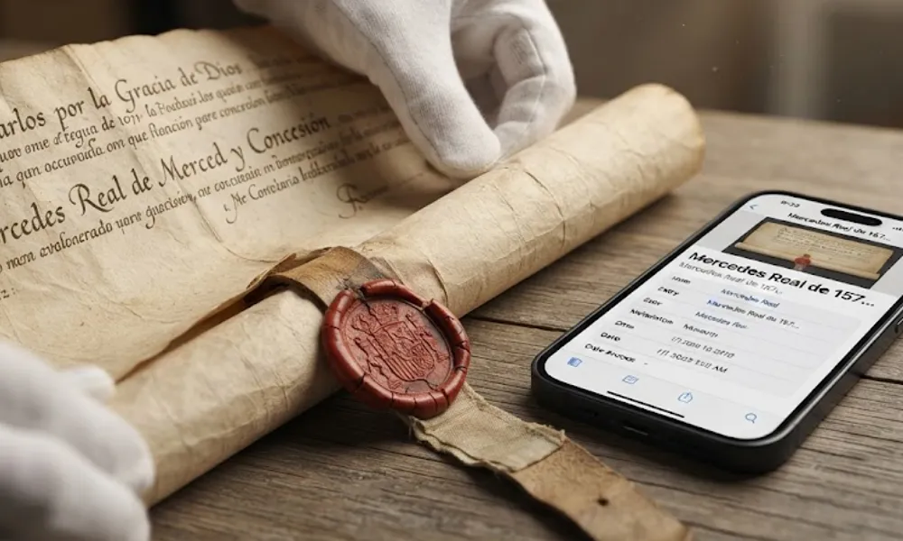 Documento antiguo de Mercedes Real siendo analizado con tecnología moderna.
