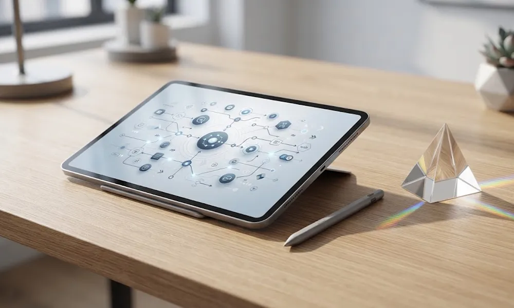 Tablet corporativa sobre escritorio de roble con un flujo digital de nodos interconectados, un lápiz digital y un prisma de cristal refractando luz natural.