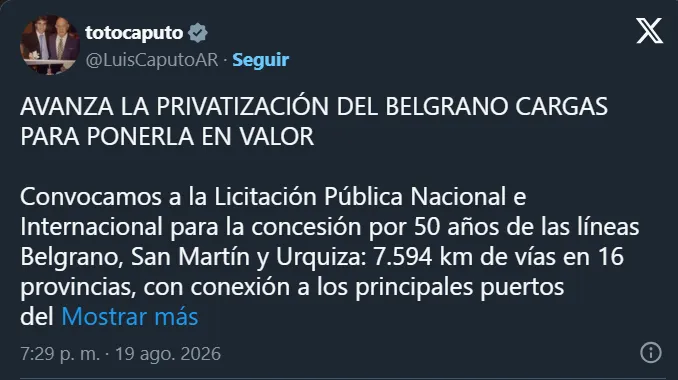 Privatización del Belgrano Cargas anuncio oficial de Luis Caputo en la red social X.