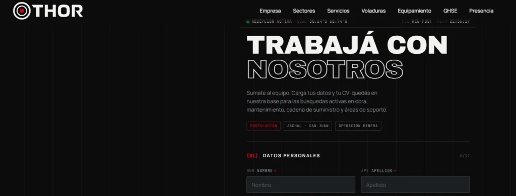 Formulario web del portal de empleos de THOR para la carga de datos personales y CV.