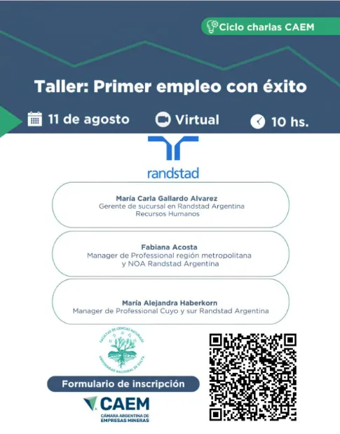 Afiche del taller primer empleo CAEM y Randstad para la industria minera.