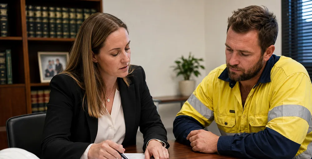 Abogada y trabajador minero revisan recibos de sueldo, planillas y una calculadora para analizar los distintos componentes salariales vinculados con una cuota alimentaria.