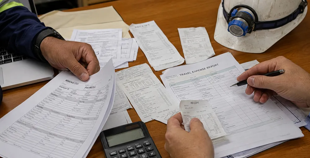 Primer plano de recibos de sueldo, comprobantes de gastos, planillas de viáticos y calculadora sobre una mesa, junto a un casco minero y documentación laboral.