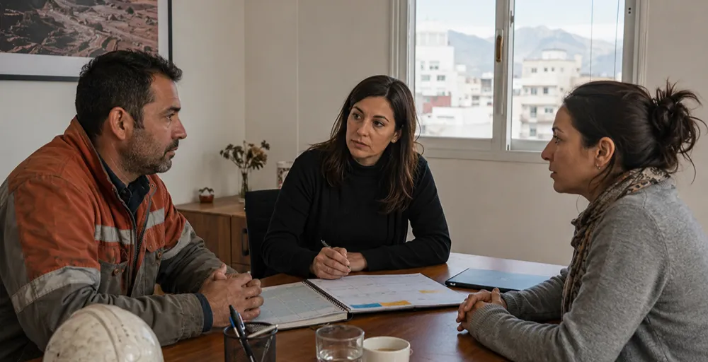 Trabajador minero, su expareja y una profesional revisan un calendario de turnos y descansos para organizar tiempos de cuidado y comunicación con los hijos.