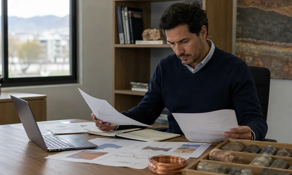 Un hombre de negocios con camisa azul y chaleco oscuro está sentado en un escritorio de oficina moderno. Sostiene y examina documentos con gráficos de datos, frente a una computadora portátil abierta, un cuaderno y cajas de muestras de testigos de exploración minera.