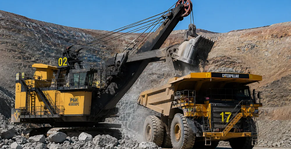 Pala eléctrica de gran porte cargando material mineralizado sobre un camión fuera de ruta durante tareas de explotación en una mina a cielo abierto.
