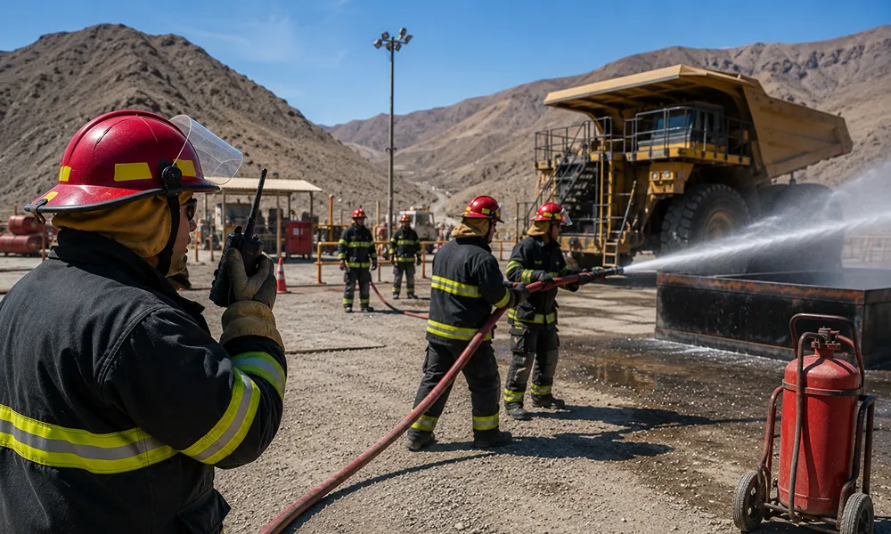 Brigadistas mineros realizan un simulacro de incendio con despliegue de mangueras y comunicaciones por radio en una operación minera de San Juan.