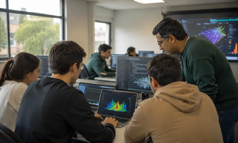 Estudiantes y docentes trabajan con programación, análisis de datos e inteligencia artificial en un laboratorio informático universitario.