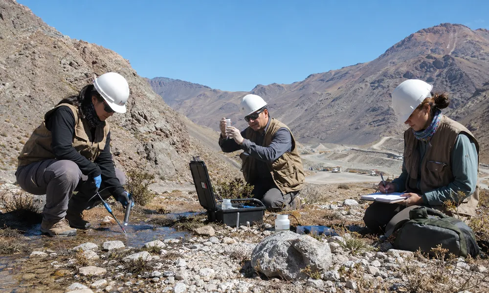 Profesionales de biología realizan muestreos ambientales y relevamientos de campo en un entorno cordillerano vinculado con actividad minera.