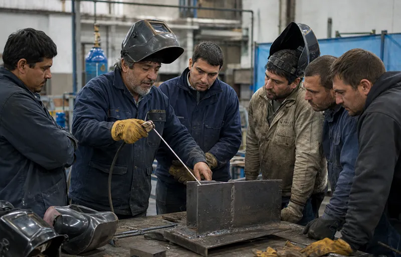 Contenido Original de ACERO Y ROCA - Prohibida su reproducción Instructor de soldadura explica un procedimiento técnico a un grupo de trabajadores en un taller metalúrgico, alrededor de una estructura de acero en proceso de práctica formativa.