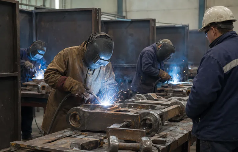 Contenido Original de ACERO Y ROCA - Prohibida su reproducción Trabajadores en proceso de capacitación realizan soldadura industrial sobre componentes metálicos pesados dentro de boxes de trabajo, bajo supervisión técnica en un taller especializado.
