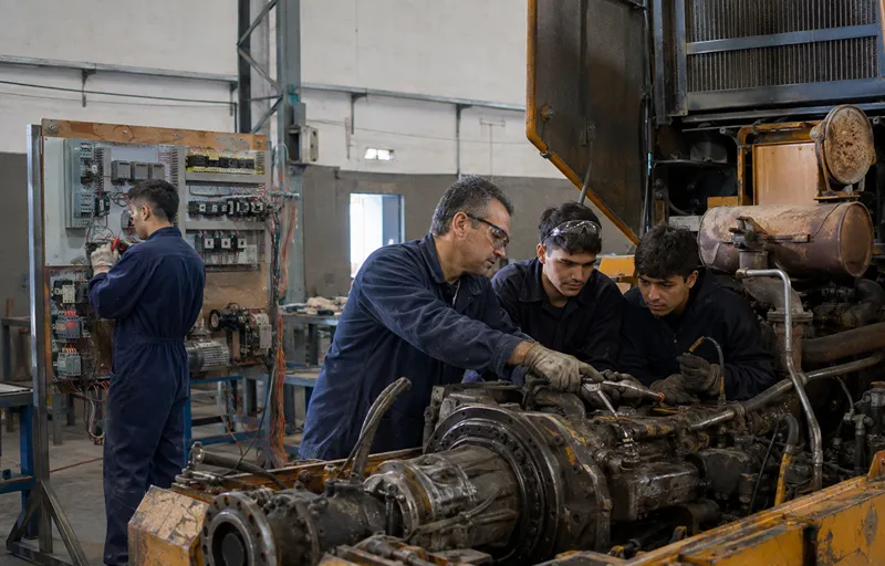 Contenido Original de ACERO Y ROCA - Prohibida su reproducción Supervisor técnico evalúa una práctica de soldadura sobre una pieza metálica de gran tamaño mientras dos operarios trabajan en un taller industrial preparado para formación en oficios.