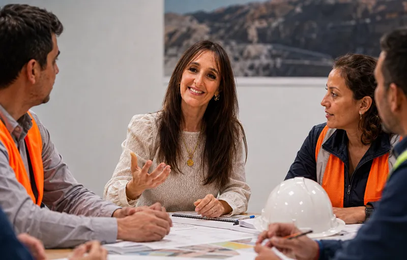 Mujer dialoga con trabajadores y profesionales durante una reunión vinculada a una operación minera, con documentación técnica y casco de seguridad sobre la mesa.