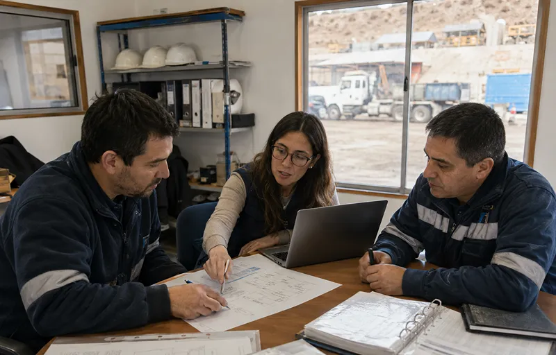 Tres integrantes de una empresa proveedora minera revisan planos, documentación de procesos y registros de gestión en una oficina ubicada junto a una operación industrial en San Juan.