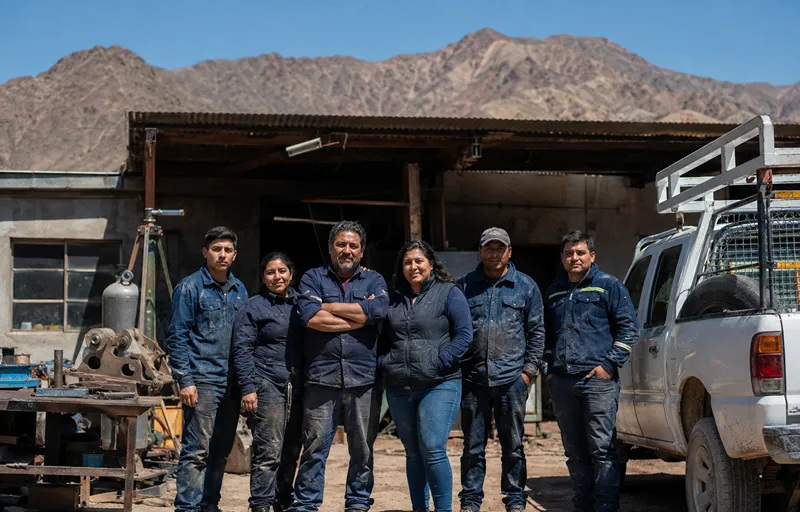 Grupo de trabajadores y trabajadoras de una pyme industrial posa frente a un taller con equipamiento metalmecánico y un vehículo de trabajo, en un entorno cordillerano de San Juan.