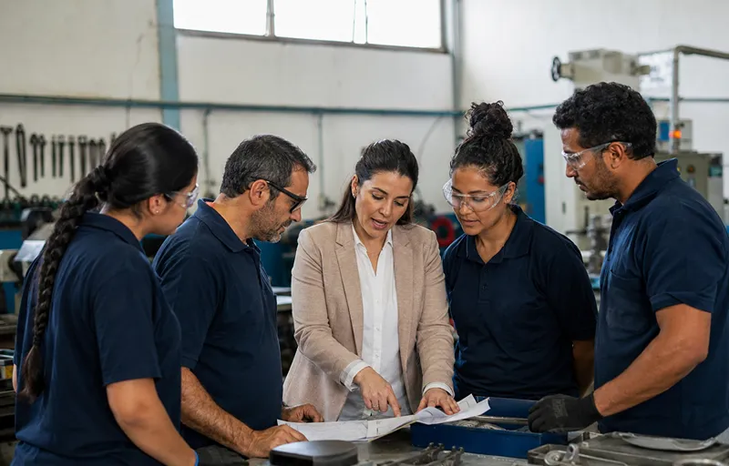 Equipo de trabajadores industriales y una consultora revisan documentación operativa sobre una mesa de taller, rodeados de herramientas y componentes metalmecánicos.
